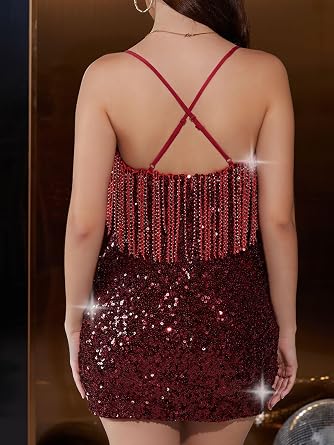 Women's Sparkling Sequin Fringe Mini Dress Party Clubwear Sleeveless Spaghetti Strap Bodycon Dress