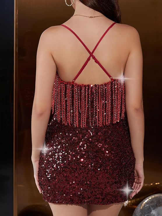Women's Sparkling Sequin Fringe Mini Dress Party Clubwear Sleeveless Spaghetti Strap Bodycon Dress