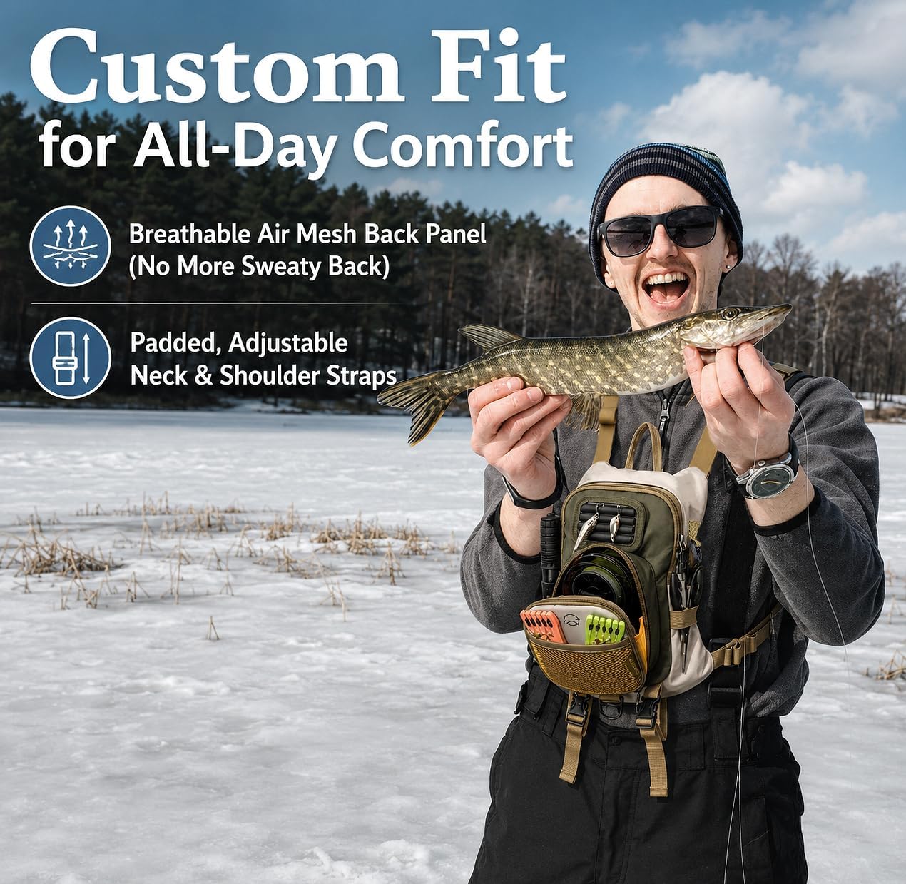 Fly Fishing Chest Pack-Lightweight Water-Resistant Wading Vest with Quick-Release Workstation, Dual Fly Drying Patches & Silent Net Carry. Holds 2 Large Fly Boxes. Adjustable Fit