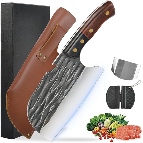 Numola Cuchillo de chef serbio con afilador de cuchillos protector de dedos, cuchillo de cocina para carne, hecho a mano, forjado de acero de alto