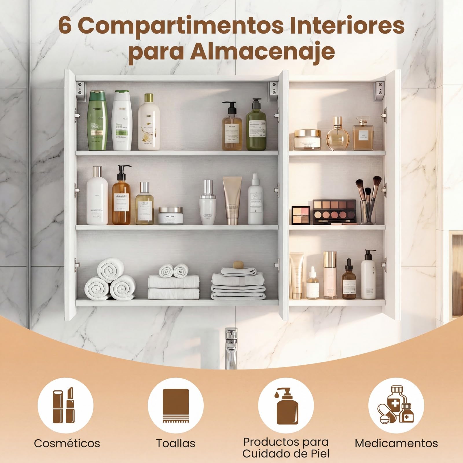COSTWAY Armario de Espejo de Baño con 3 Puertas, Armario de Pared Baño con 6 Compartimentos, Superficie de Imitación Madera y Marco de Madera, 87 x 65 x 12,5 cm