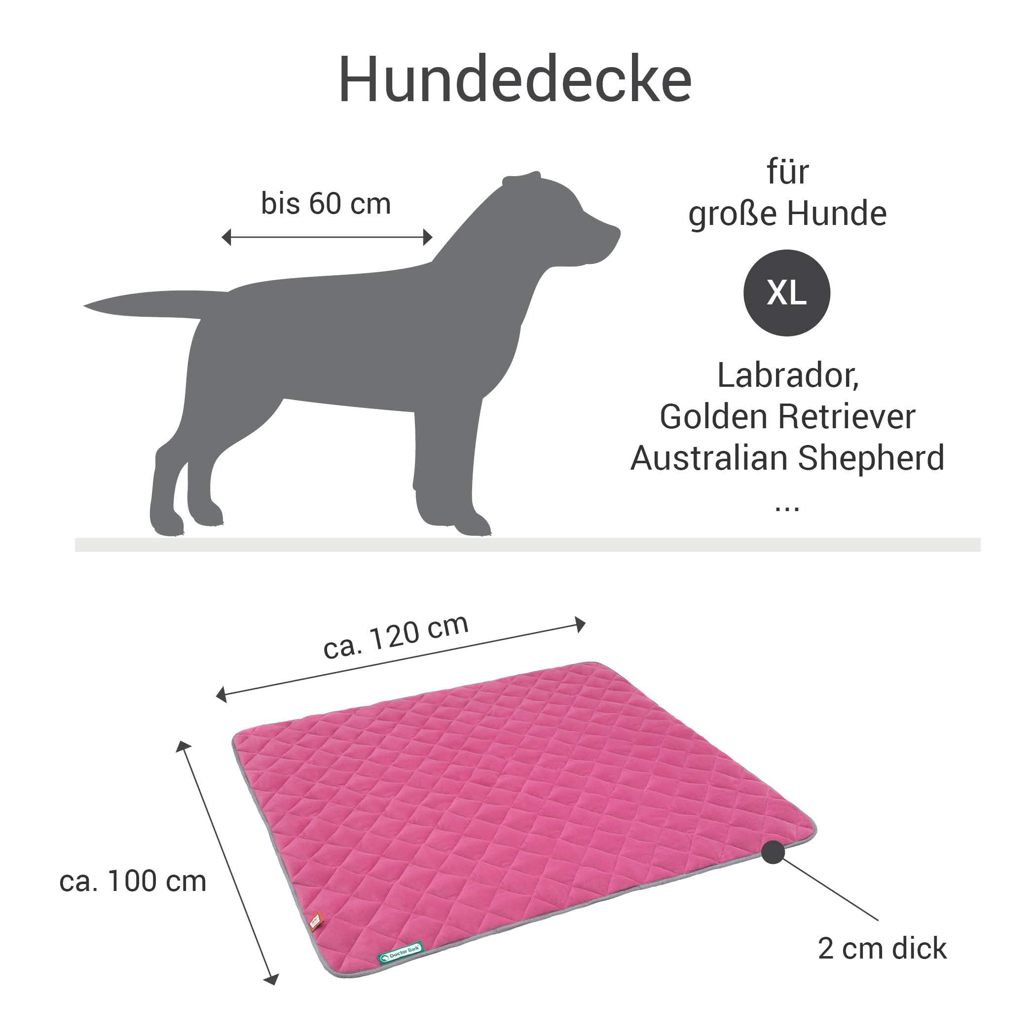 Doctor Bark Manta para perros de forro polar, reversible, mullida, resistente, para perros grandes, lavable hasta 95 °C (rosa/gris claro, XL – 120 x 100 cm)