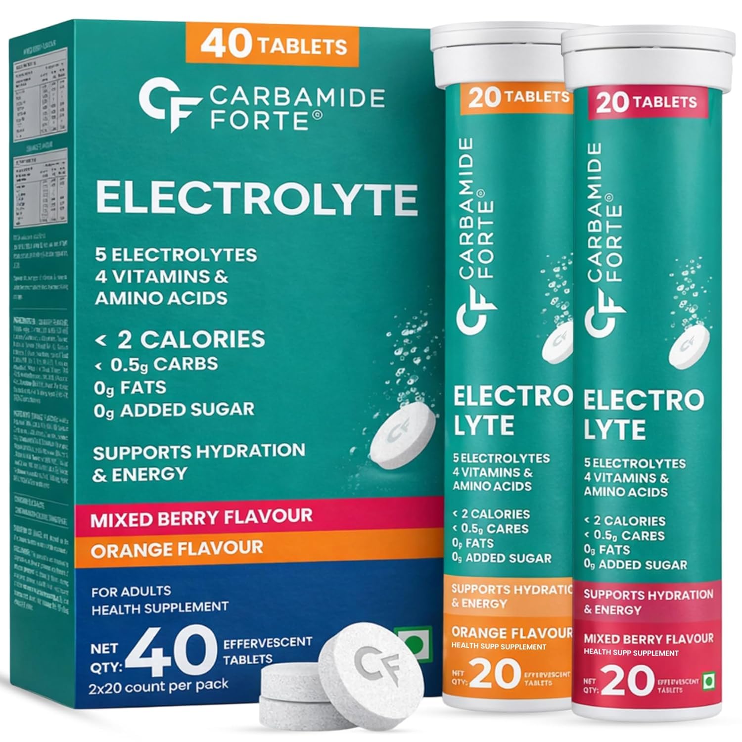 Carbamide Forte Electrolyte Effervescent Tablets for Sustained Energy & Hydration with 5 Essential Electrolytes no sugar + 4 Vitamins & Amino Acids | Pack of 20 Tablets x 2