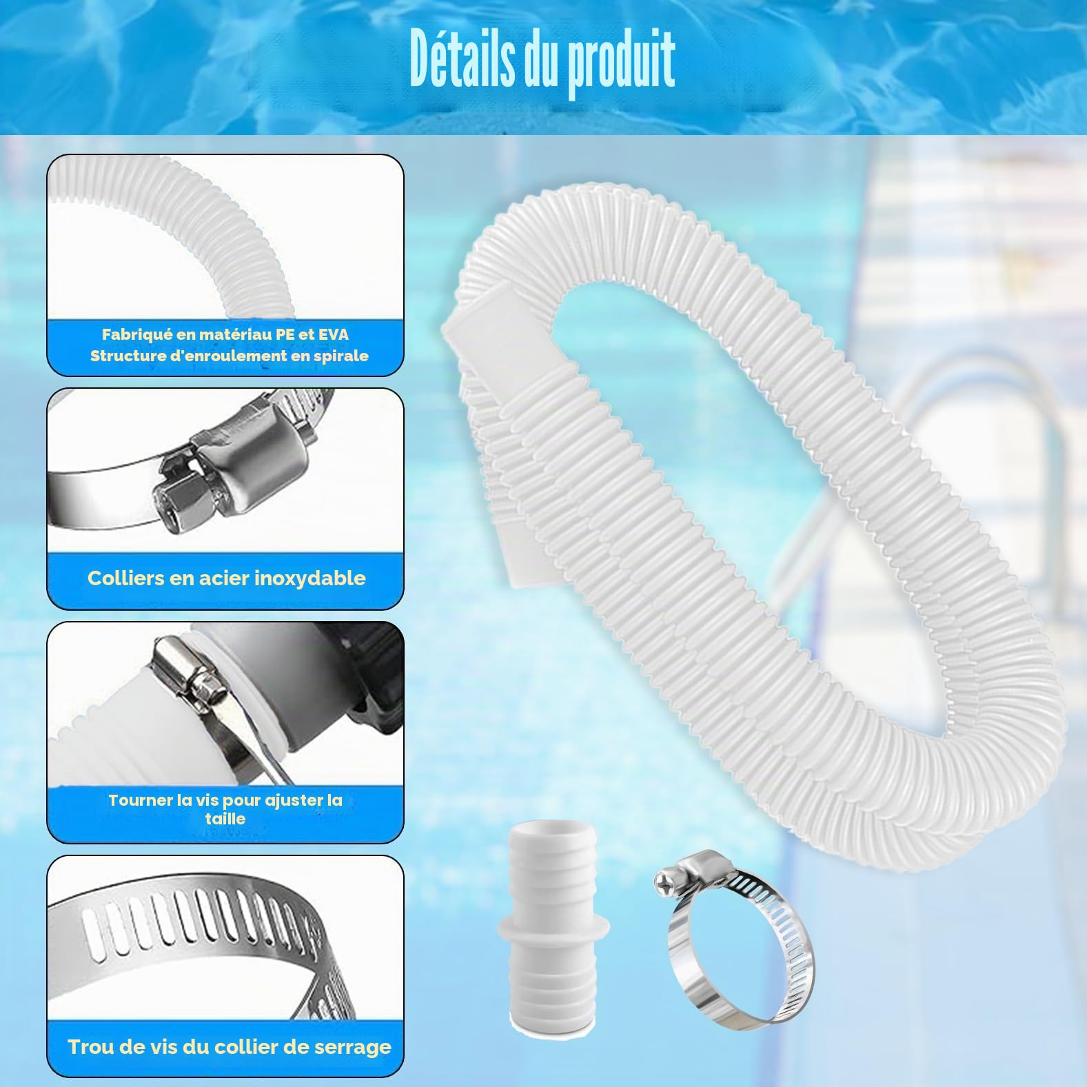 Lot de 2 tuyaux de piscine de 32 mm pour pompes de piscine avec 4 clips de sécurité et 1 raccord de tuyau, tuyau de piscine de 150 cm et 32 mm, pour pompe à filtre et piscine