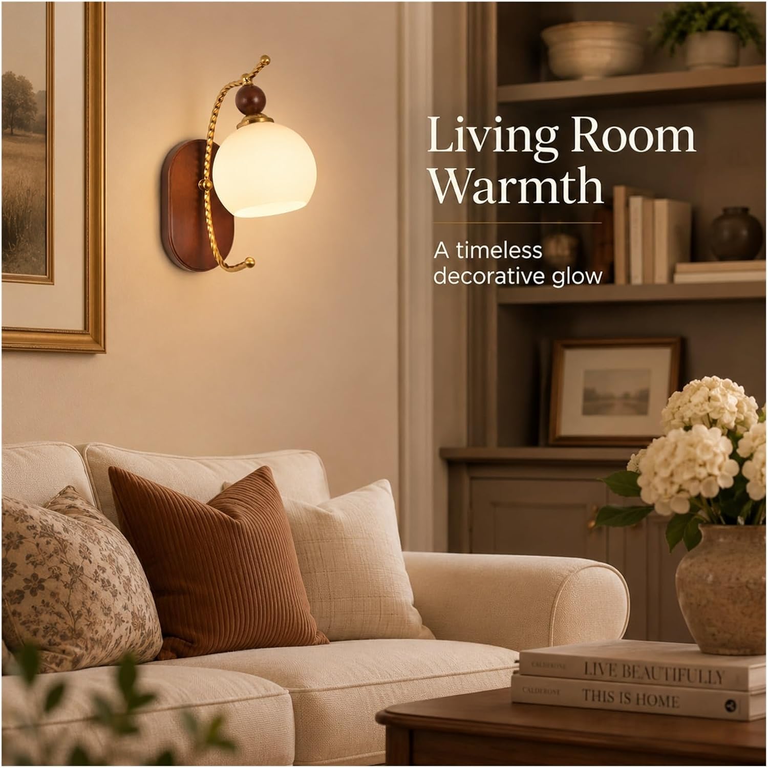 Indoor Wall Light, 11.8" Glass Iron Walnut, Wood Bedside Reading | Space Saving Attachment Casts Ambient Lighting for Bedrooms, Lounges, Hallways and Studies, for Daily Comfort
