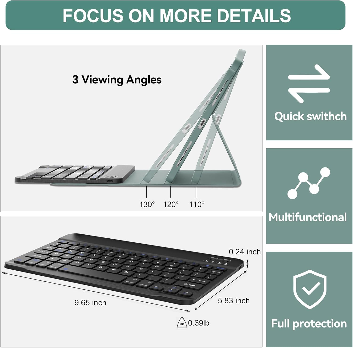 Diagram showing the SENGBIRCH Keyboard Case supporting three viewing angles (110, 120, 130 degrees) and the dimensions of the detachable keyboard (9.65x5.83x0.24 inches).