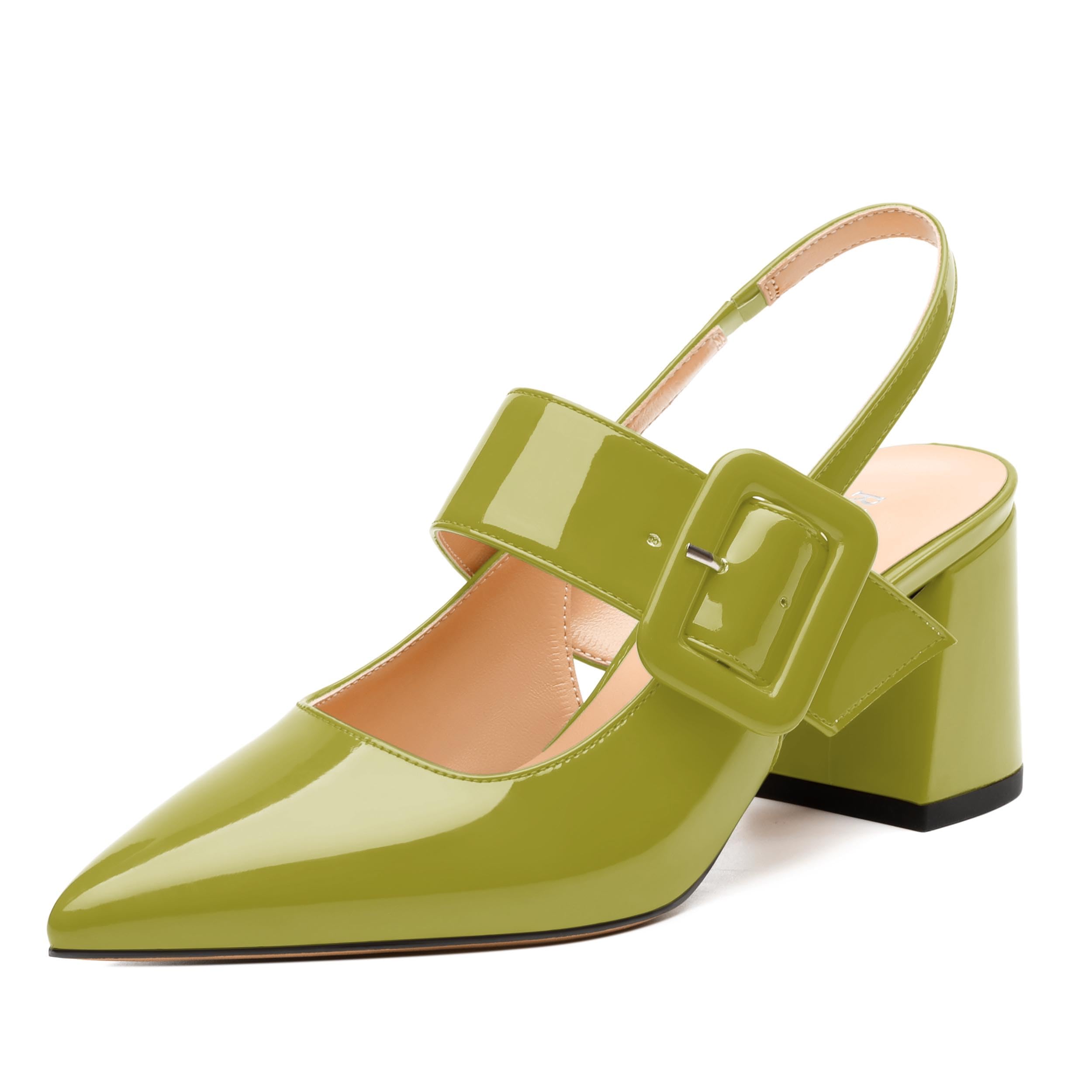 RLYGHWAO Women's Pointed Toe Pumps - 2.55" Chunky Mid Heel Slingback with Adjustable Buckle, Solid Color Dress Shoes for Work, Dates & Balls