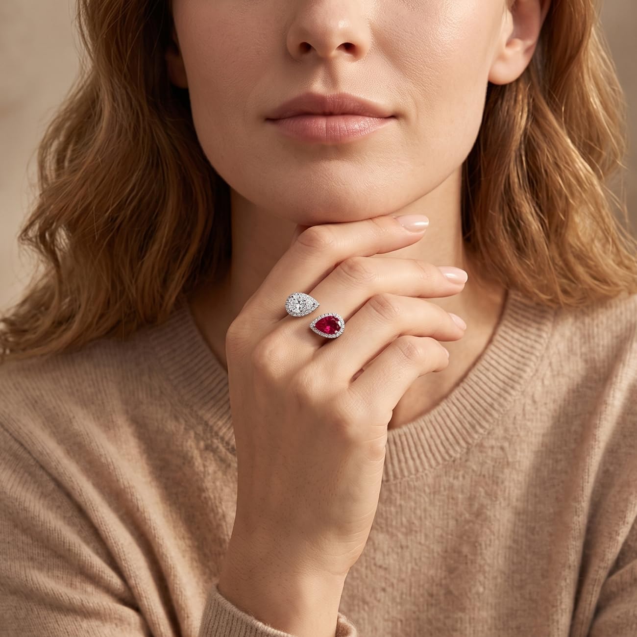 1.5CT Moissanite and Aquamarine Emerald Ruby Halo Rings for Women, Adjustable Toi Et Moi Engagement Open Ring, Solid Sterling Silver Pear Cut, Wedding Promise Ring