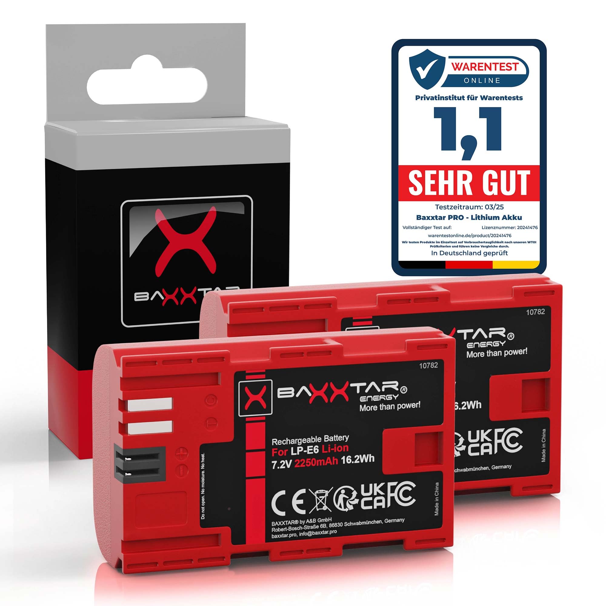 Baxxtar 2X Batterie pour Canon LP-E6 LPE6 EOS 5D Mark I-IV, 2250mAh 7.2V