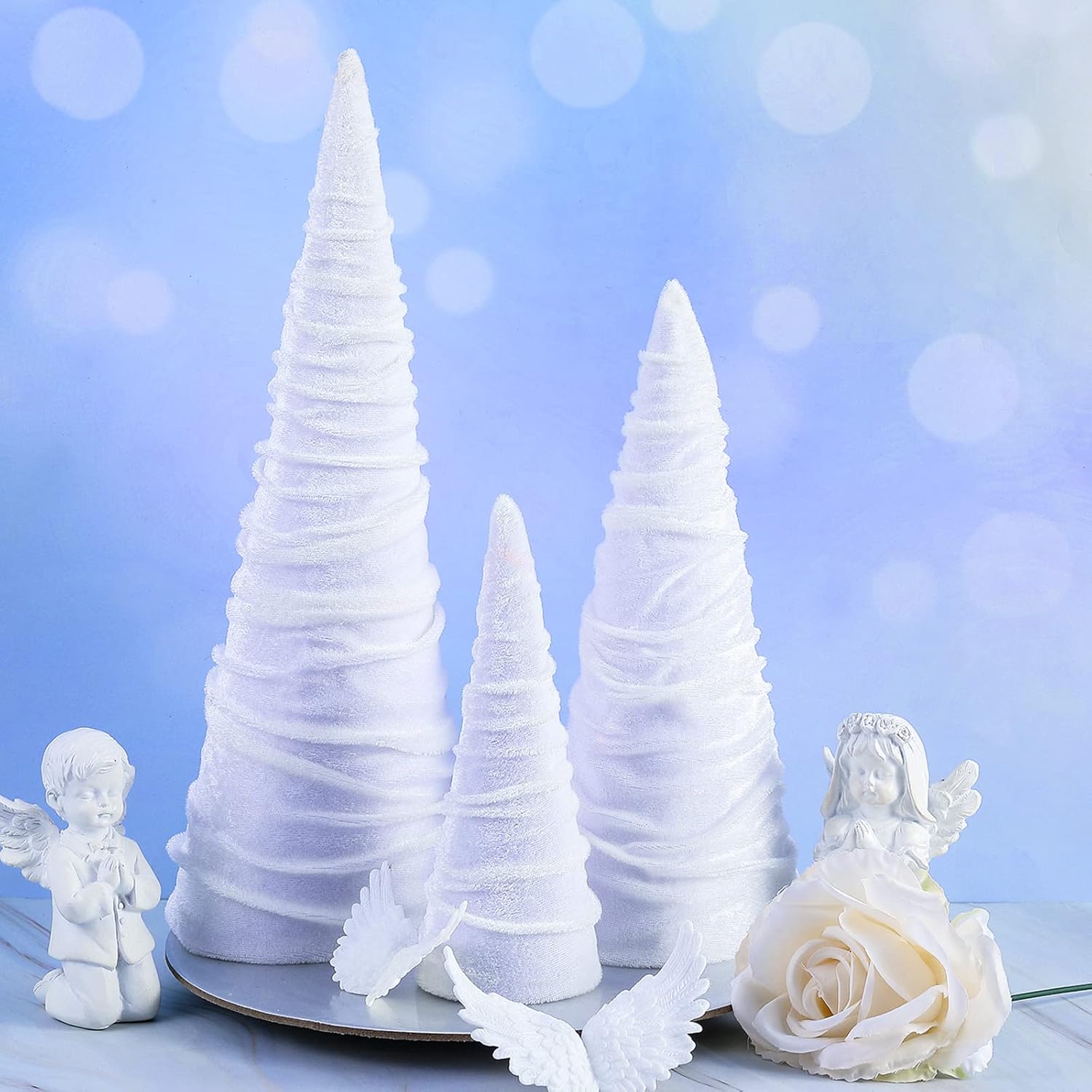 6 Pcs Winter Velvet Trees with 3 LED String Lights Rustic Winter Farmhouse Decor Home Decor Modern Mantle Decor Handmade Entryway Decor for Party Table Decoration 6/10/13 Inch (White) : Handmade Products