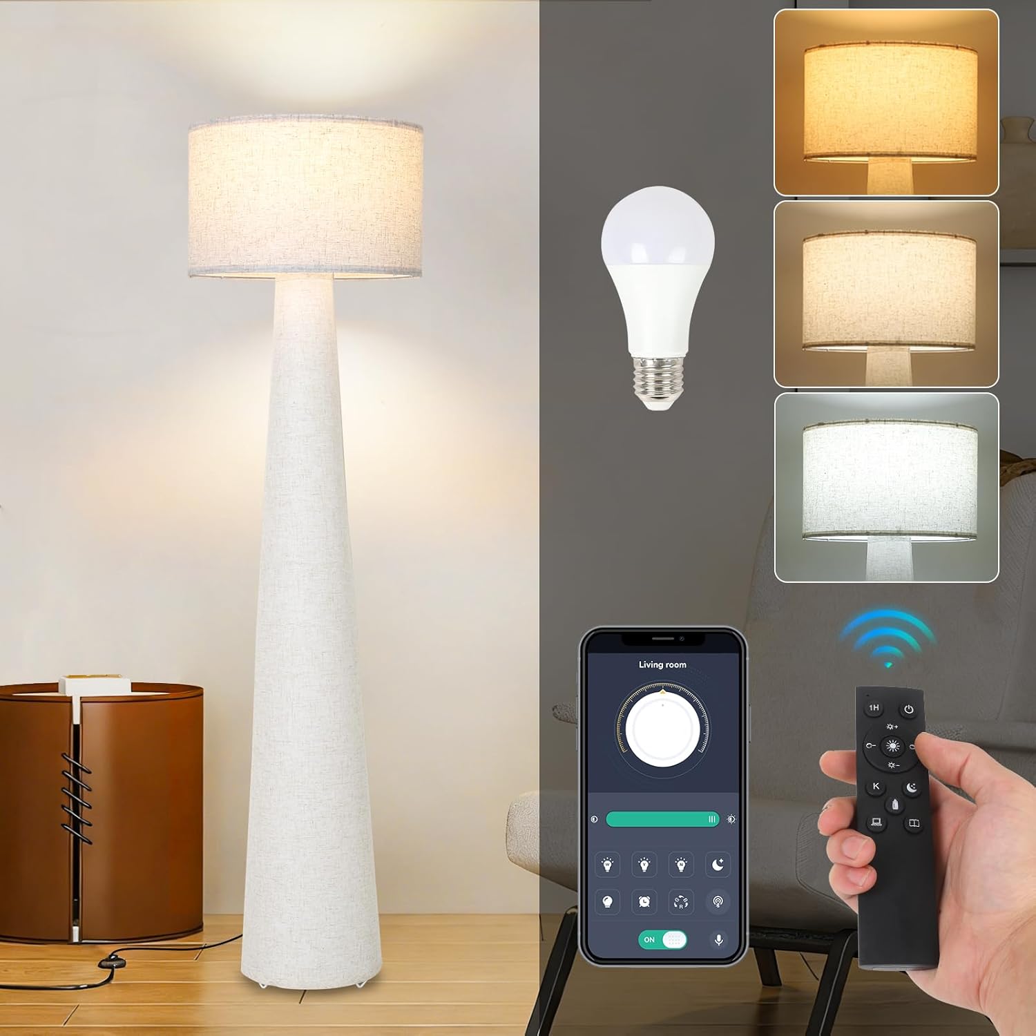 Boho White Floor Lamps for Living Room, Dimmable Standing Lamp with Remote and Bulb, Mid Century Column Tall Lamp with Fabric Shade, 3 Color Temperatures, Farmhouse Stand Up Light for Bedroom