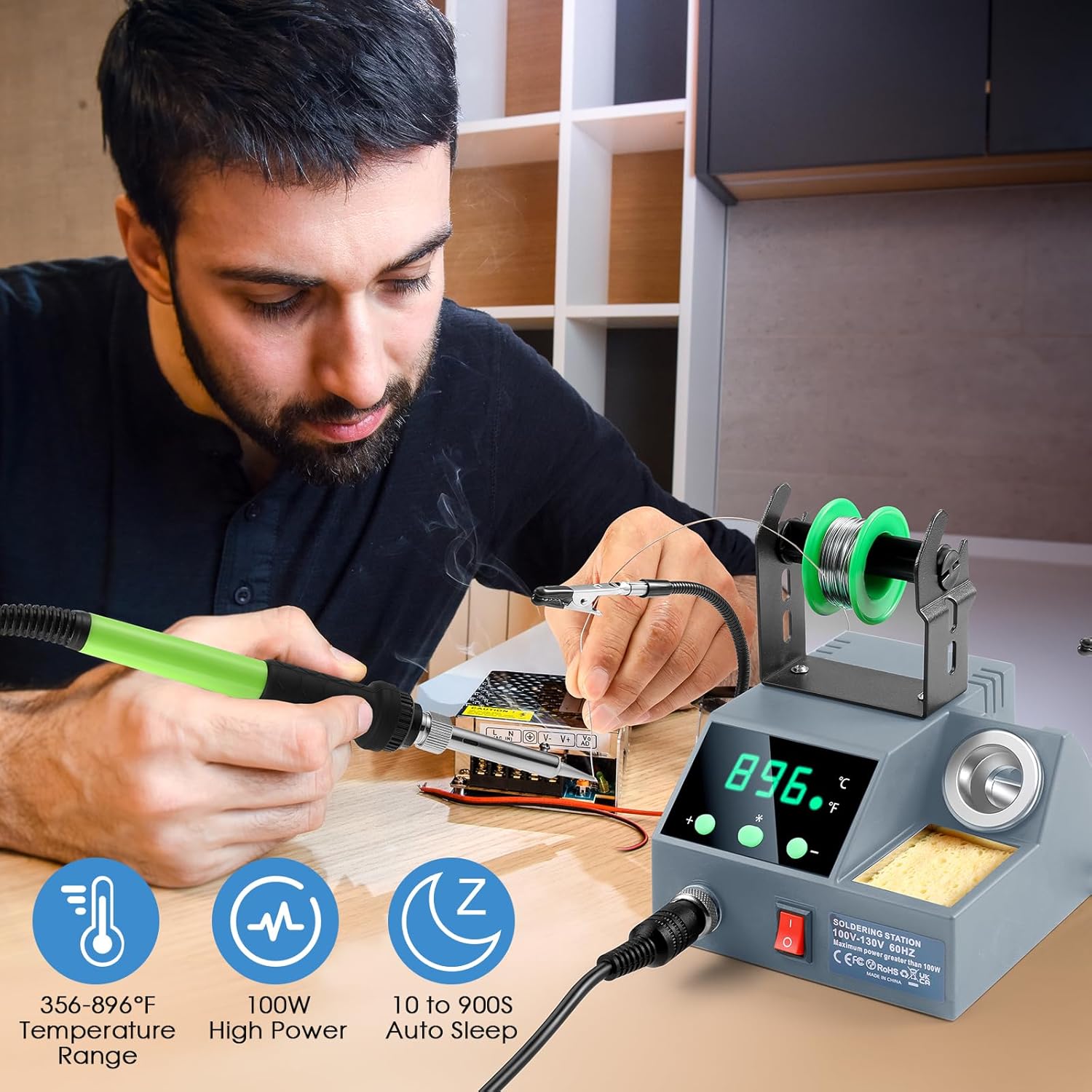 Soldering Station, 100W Digital Display Soldering Iron Station Kit with 2 Helping Hands, 356°F - 896°F, Auto Sleep, °C/°F Conversion, Solder Wire, Tips, Stand, Pump, Tweezers, Tip Cleaner, Gray