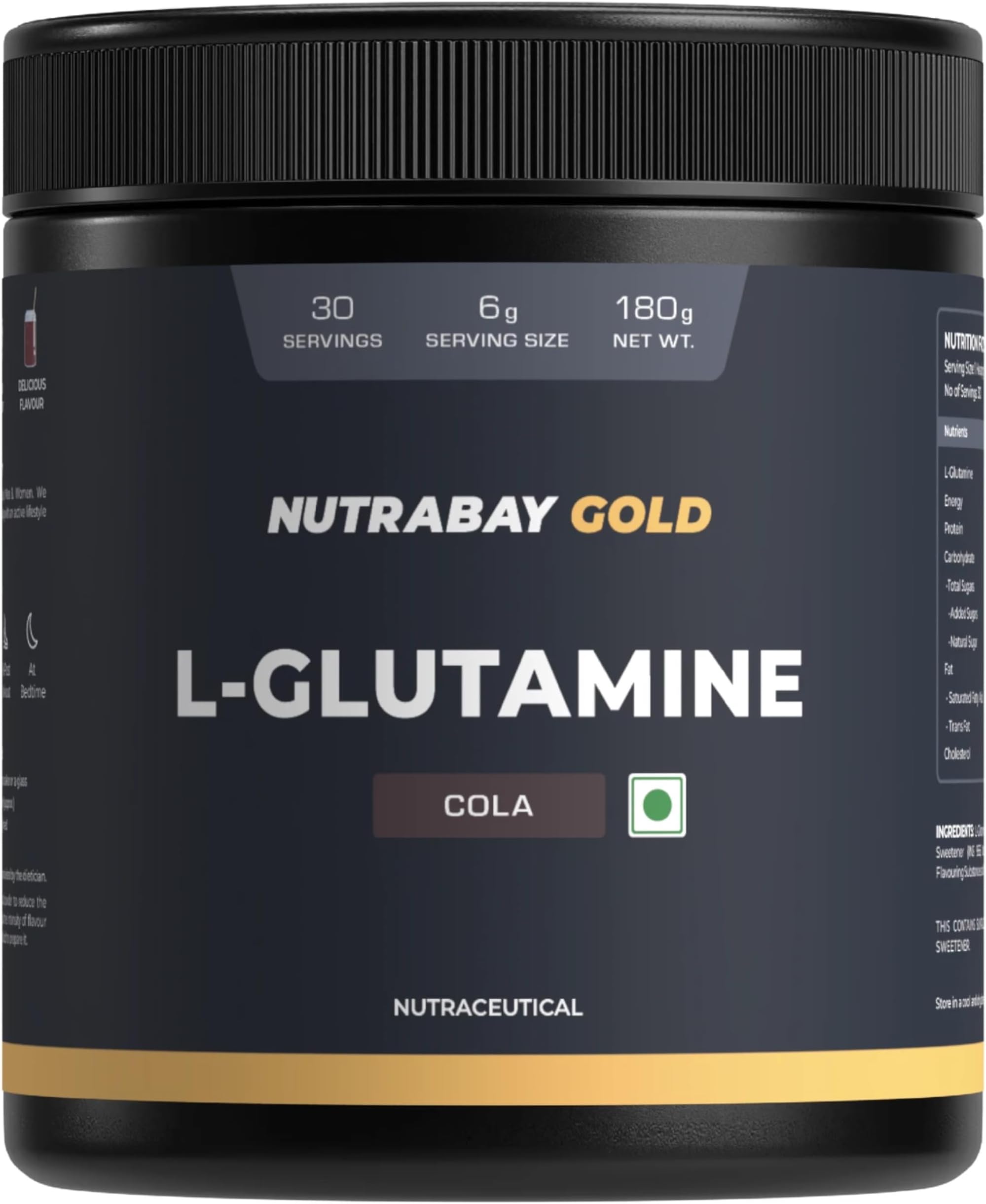 Nutrabay Gold L-Glutamine Supplement Powder 180g, Cola Flavor – Post Workout Amino Acid for Muscle Growth & Recovery | 100% Authentic Supplement | No Banned Substances | Tested for Purity