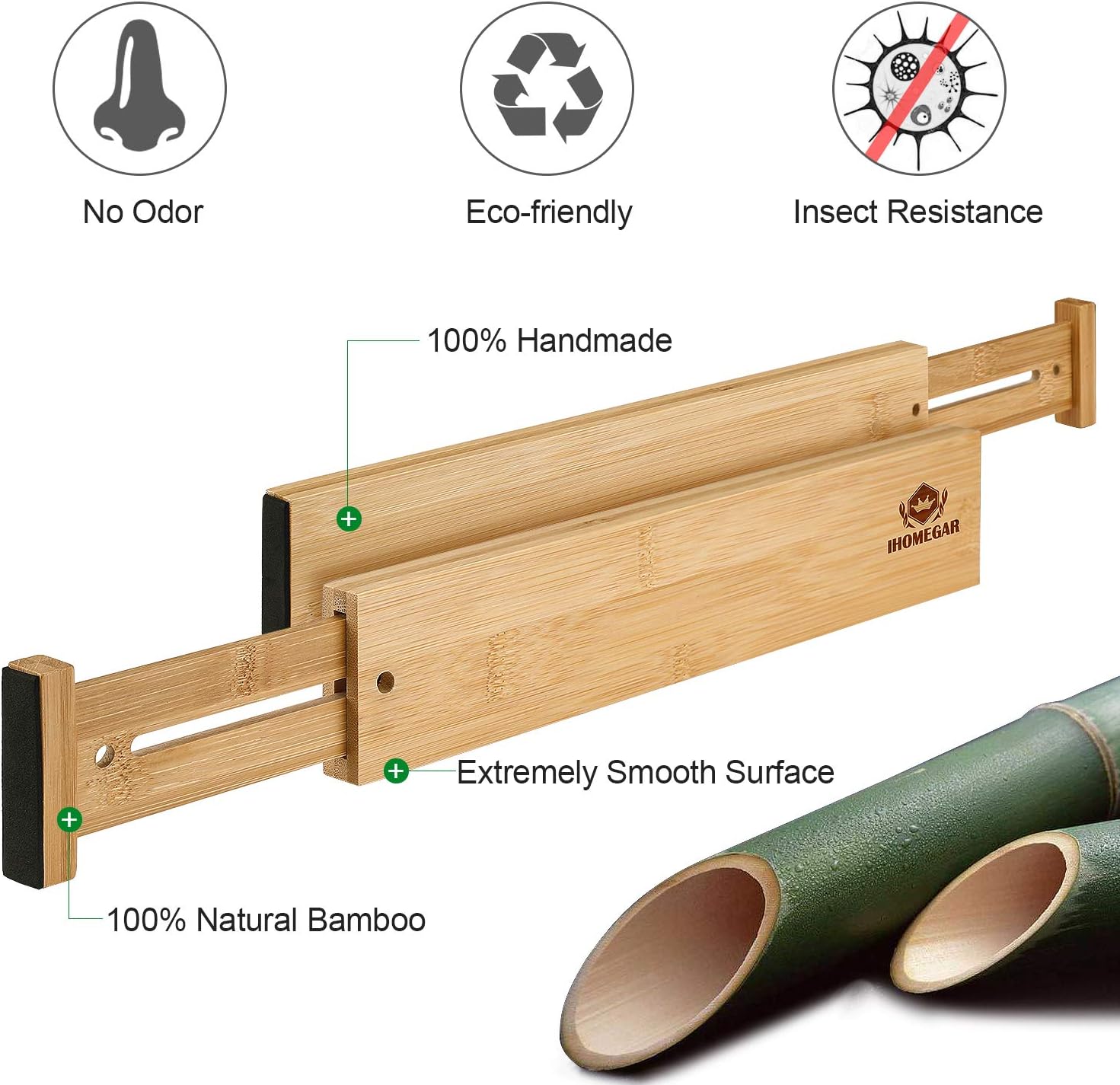 4 Pack Kitchen Bamboo Drawer Dividers, Spring Loaded Adjustable Drawer Separators (13.2"-17"), Adjustable Deep Drawers Organizer - For Kitchen Utensils, Silverware, Desk, Clothes Dresser Divider