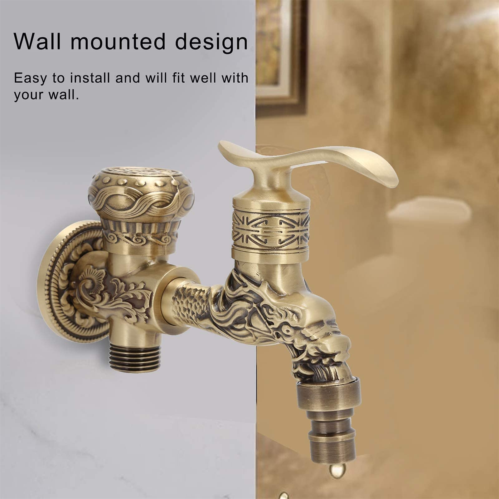 Rubinetto Giardino Doppia Uscita, Antico Maniglia a Leva in Ottone Lavanderia G1/2 Doppio Bagno Lavatrice Rubinetto Acqua Fredda montato a parete per Giardino Esterno (B)