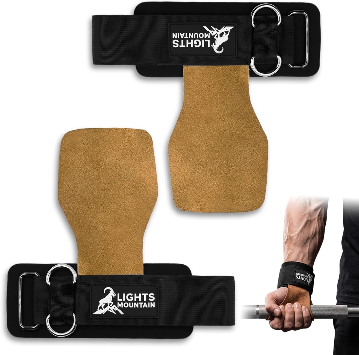 Weight Lifting Straps with D Rings, Leather Palm Grip, 7mm Wrist Support Padding, Adjustable Fit for Cable Machines & Free Weights