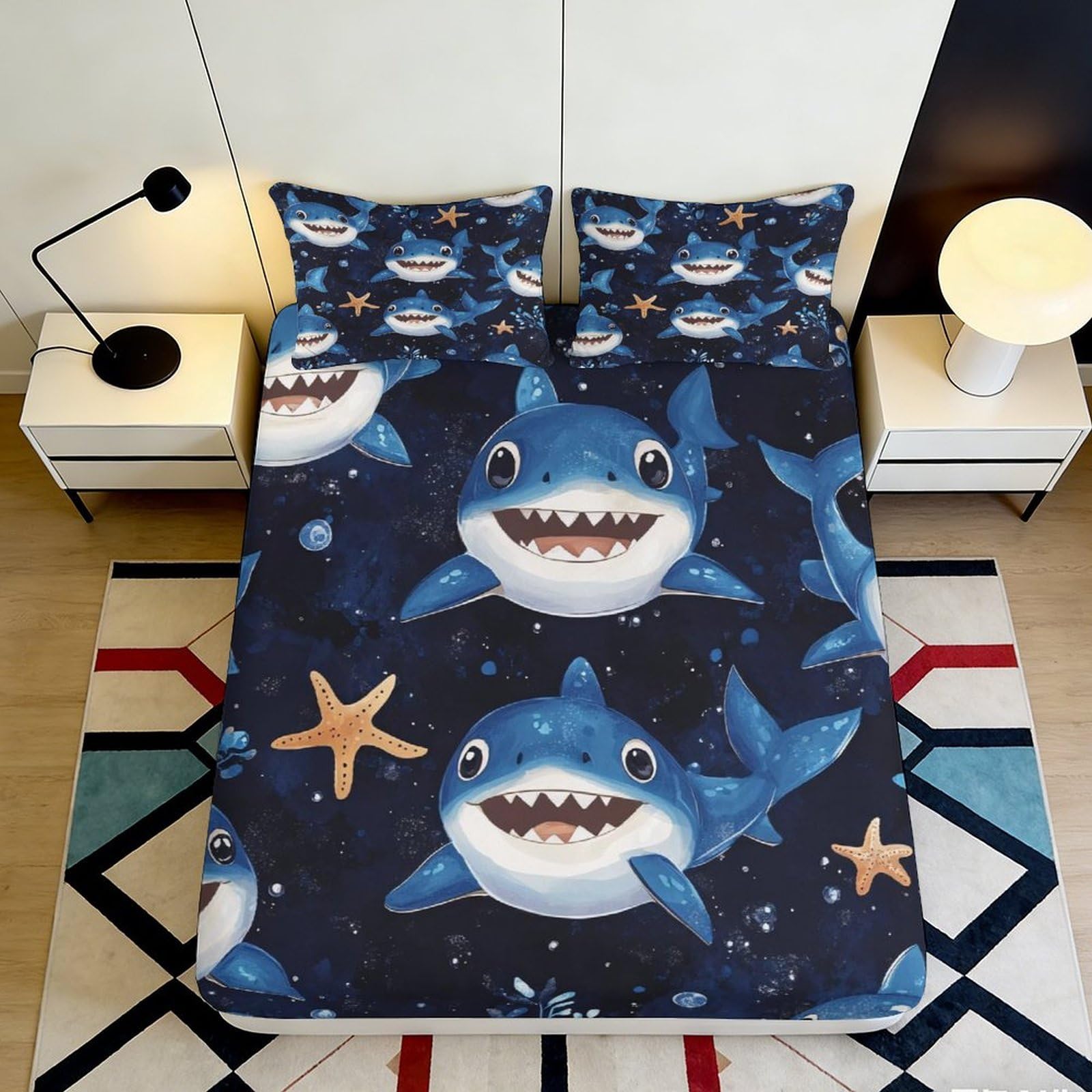 Zfldkwgb Style-4 3D Printed Shark Ocean Fitted Sheet Microfiber Soft Mattress Cover Starfish Decor For Bedroom Dorm Easy Care 90X200x25cm