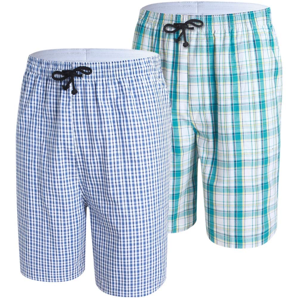 MoFiz Pantalones Cortos de Pijama Hombre Algodón Shorts a Cuadros Pantalón de Dormir Casa con Bolsillos Pack de 2