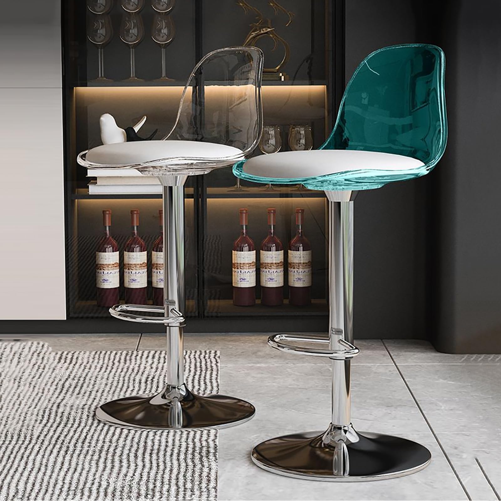Acrylic Swivel Barstools Set of 2, PU Leather Seat with Clear Back, Armless Hydraulic Kitchen Counter Height Bar Stools,for Kitchen,Restaurant,Bar (Color : Clear+Blue)