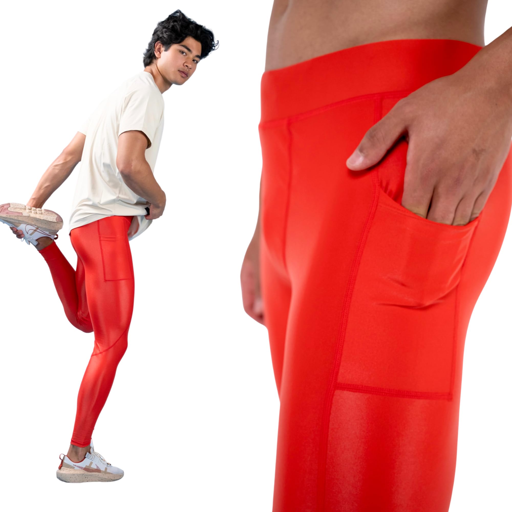Kapow Meggings: Glänzende, Lange Herren Performance Leggings mit Kompression für Sport wie Fitness, Laufen, Basketball, Fußball, inklusive Taschen