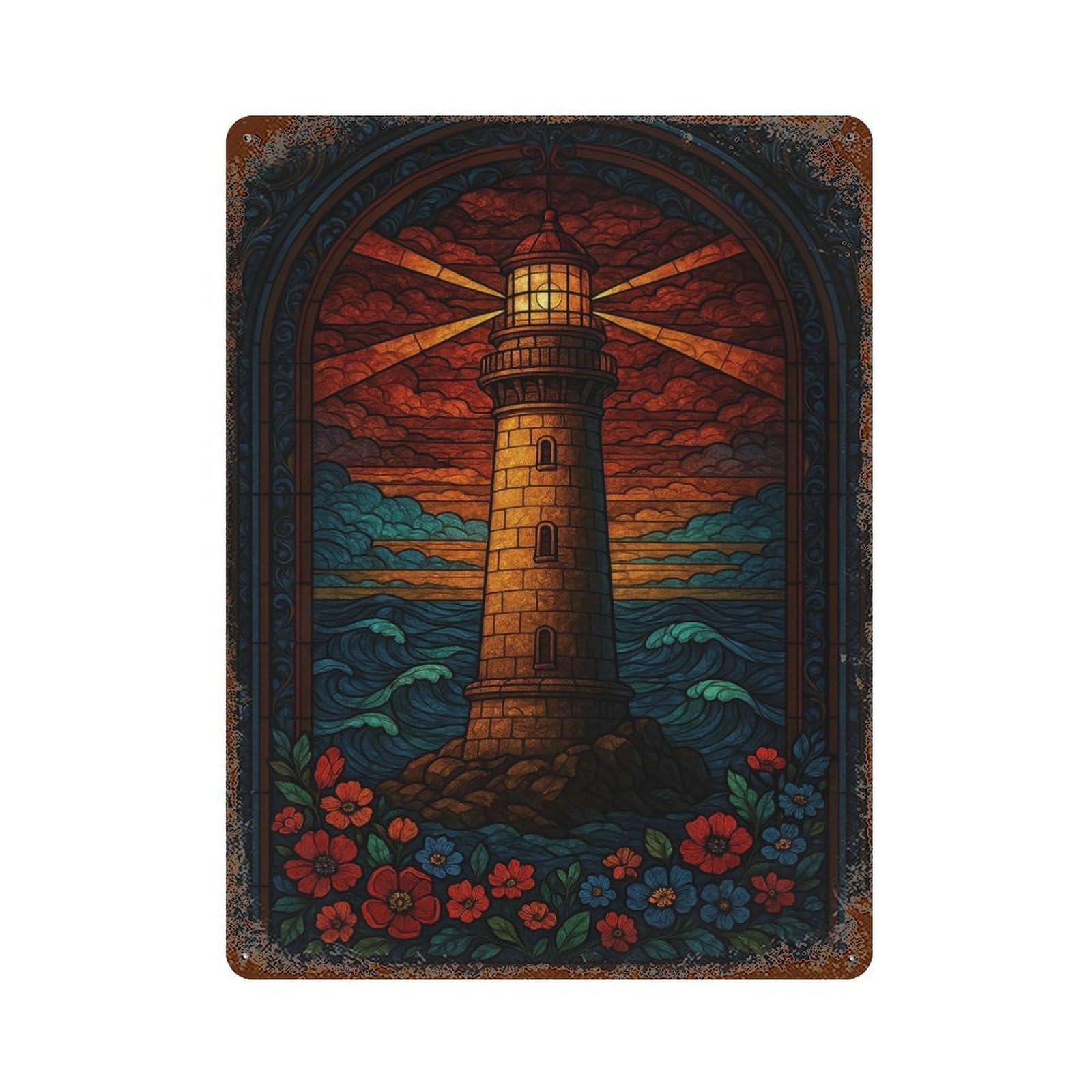 Stained Glass Lighthouse Scene Vintage Wall Sign 15.7"x11.8", Rust Effect Metal Decor for Basement, Hobby Room And Garage Decor