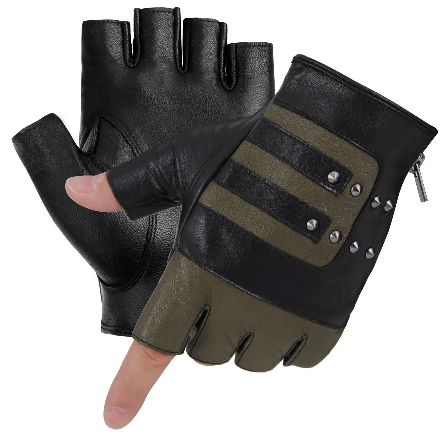 FIORETTO Mens Genuine Leather Fingerless Gloves Unlined Half Finger Punk Gloves for Driving Cycling Motorcycle M200801