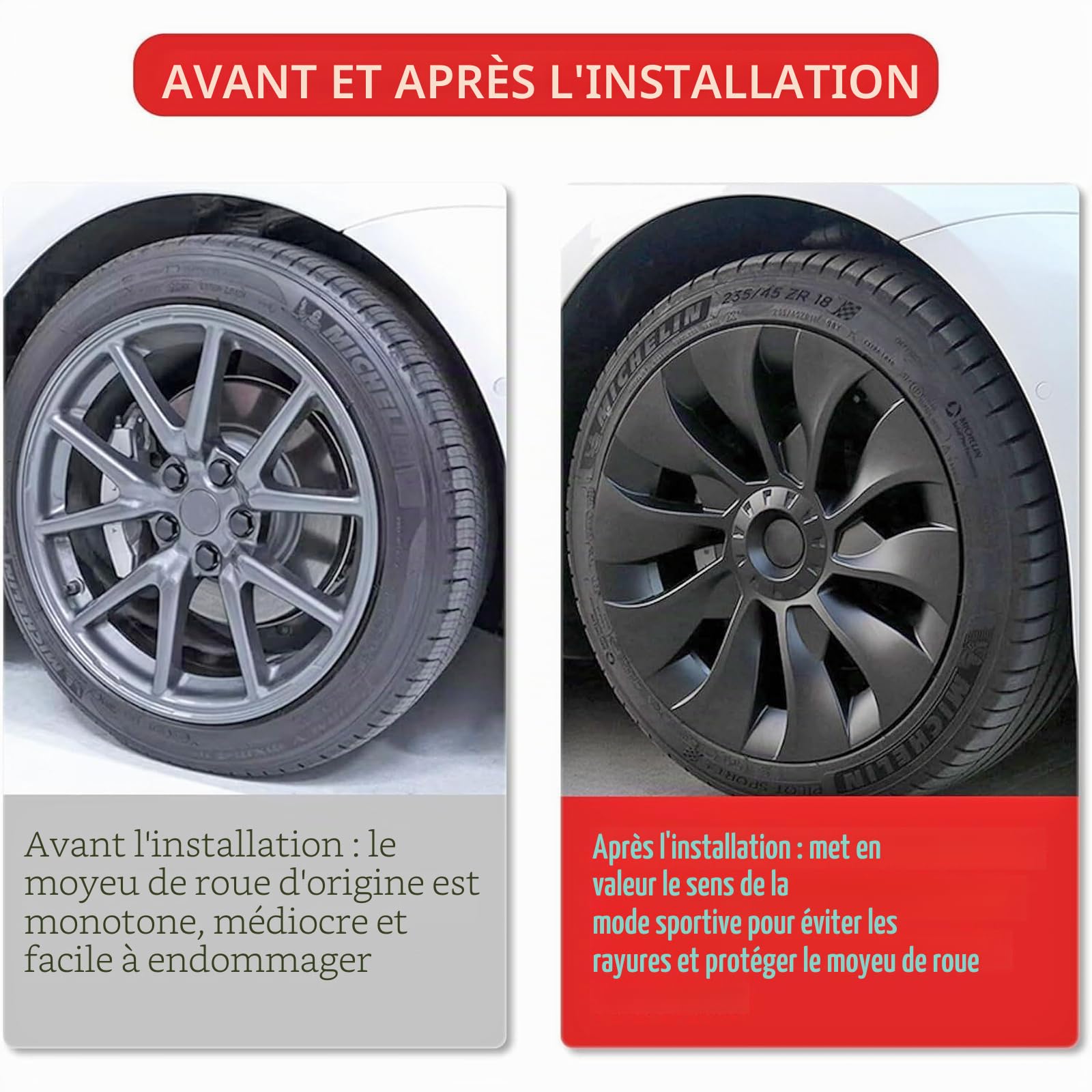 KAVANIC Enjoliveur de Roue pour Tesla Model 3 18 Pouces Noir Mat Logo de Soutien Amélioration de la Gamme (4 pièces) Style Uberturbine 2017-2023 Model 3 Enjoliveur de Roue Aero de Remplacement