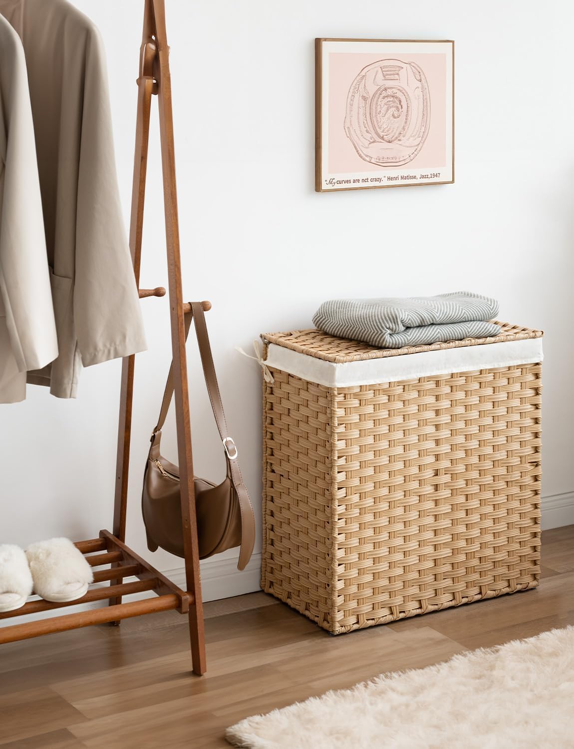 Laundry Basket with Lid, 110 L Rattan Clothes Laundry Basket with Lid and Handles, Foldable Clothes Hamper, Removable Liner, Goose Yellow