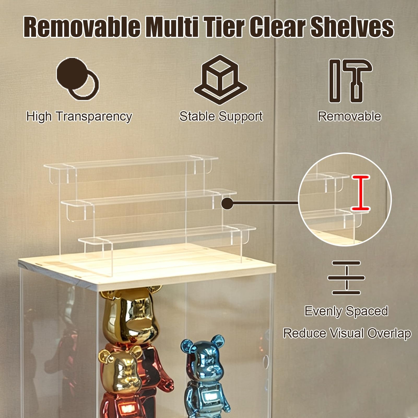 Teca Plexiglass Vetrina Espositiva Multistrato in Acrilico con Supporto | Vetrina con Ripiani Rimovibili e Frontale Aperto, Lunga 50 cm, con Base e Coperchio in Legno, Ideale(3 Tier-50x16.5xH25cm)