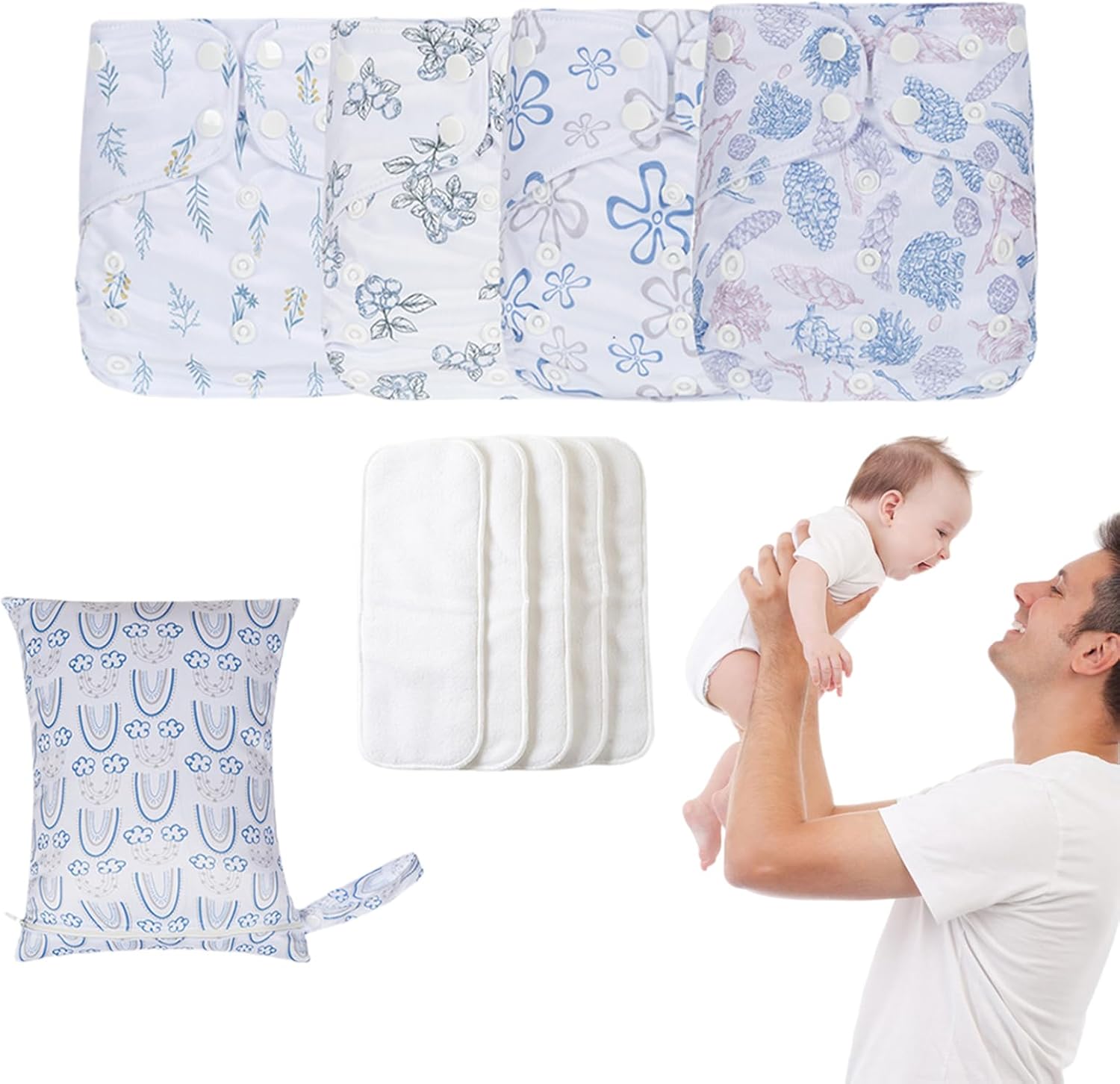 Cloth Baby Diapers - 4pieces Reusable Nappy, Adjustable Diaper | Waterproof Outer Cover with 4 Inserts Plus Wet Bag, Soft Toddler Boys Girls Infant Cloth Diaper Set for Eco Friendly Baby Care