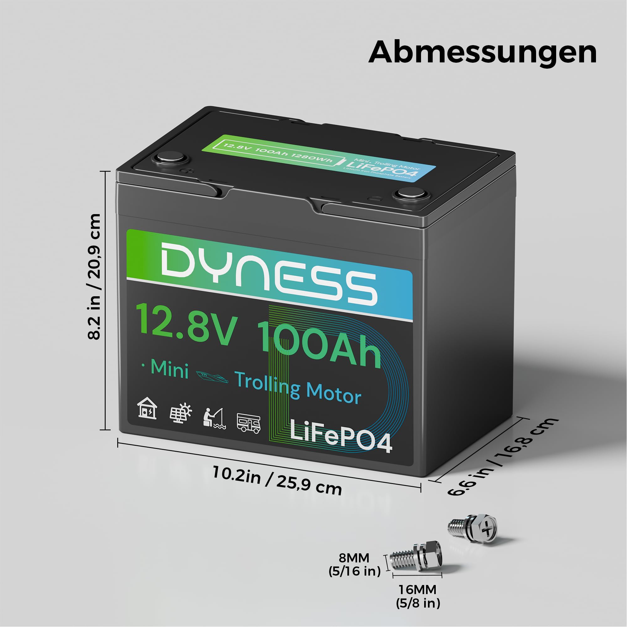 Dyness Lithium Batterie 12V 100Ah LiFePO4 Mini Akku mit 100A BMS, Niedertemperaturschutz, Max.15000 Zyklen, für Bootsmotor, Wohnwagen, Batterie Box, Solarsysteme, Netzunabhängige Systeme