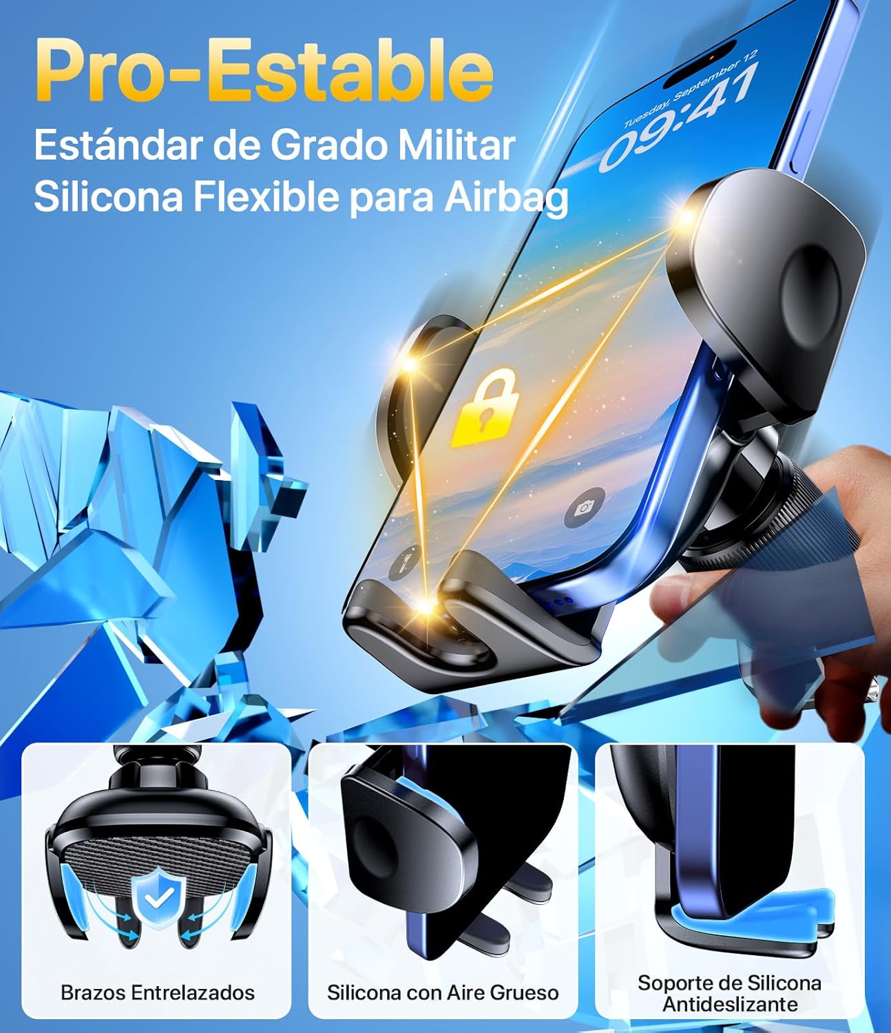 Soporte Miracase con smartphone colocado verticalmente en el coche