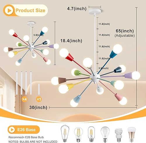 Miniatura 4 de Candelabro colorido, lámpara de techo Sputnik de 12 luces, lámpara Sputnik con montaje semiempotrado kis luz de techo ajustable en altura para sala