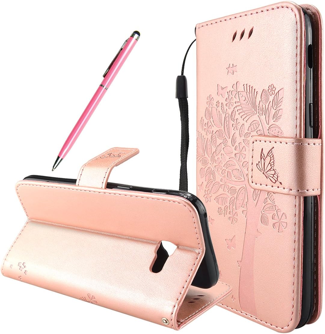 Samsung Galaxy A5 (2017) Case, Fraelc Samsung Galaxy SM-A520F Leather Case Flip Wallet Book Style Case Cover Embossed Tree Cat Pattern Strong Magnetic Clasp Leather Full Protection Case with Credit Card Slots and Cash Slots for Samsung Galaxy A5 2017 (5.2 inches) - Rose Gold