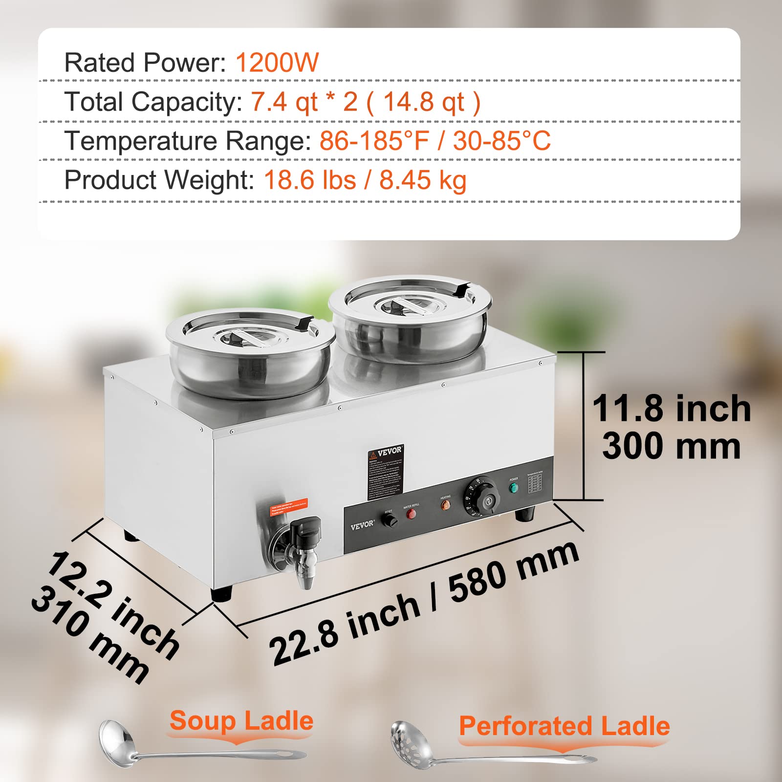 VEVOR Chauffe Soupe de Restaurant 2x7 L Station de Soupe Électrique 1200 W Chauffe-Plat avec Marmites en INOX 30-85 °C Protection Contre Brûlure Sèche Réchauffe Sauce Fromage Chocolat Buffet Traiteur