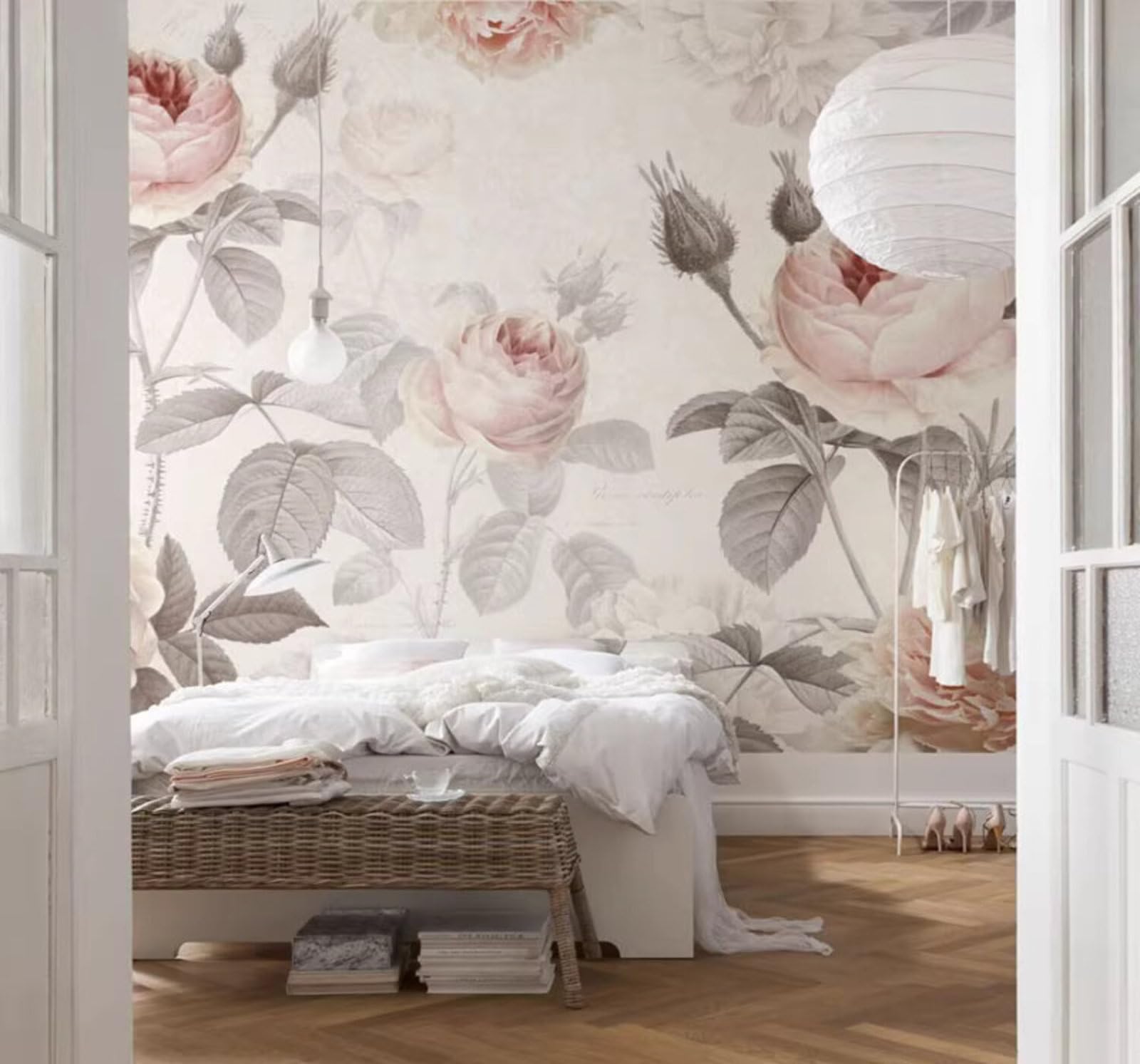 Hand Drawn Simple Pale Pink Cosy Roses 3D Wallpaper Easy Install Feature Office Living Room Sofa Bedroom TV Background Wall Decoration-300cm×210cm
