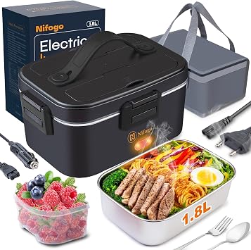 Nifogo Electric Lunch Box for Adults 80W Portable Heated Lunch Box for Men 3 in 1 Portable Food Warmer 110V/12V/24V with 1,8L Removable Stainless Steel Container & BagBlack