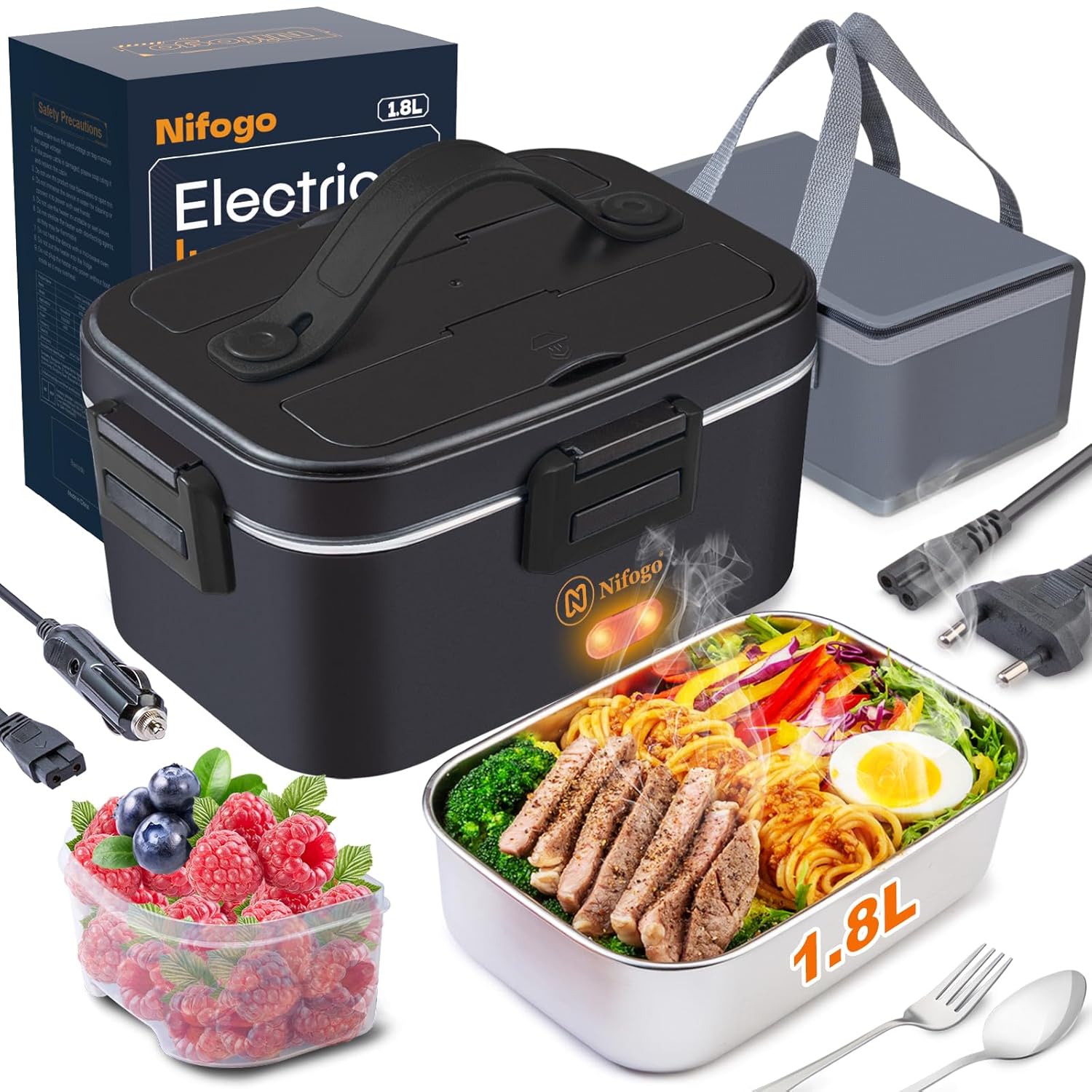 Nifogo Electric Lunch Box for Adults 80W Portable Heated Lunch Box for Men 3 in 1 Portable Food