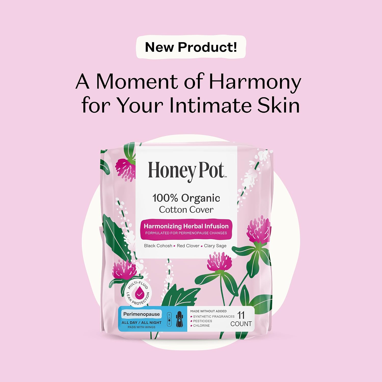 Honey Pot - Perimenopause All Day All Night Pads for Women - 100% Organic Cotton Top Sheet - Feminine Care - Multi-Fluid Absorbency - Harmonizing Herbs of Black Cohosh, Clary Sage, & Red Clover - 44ct
