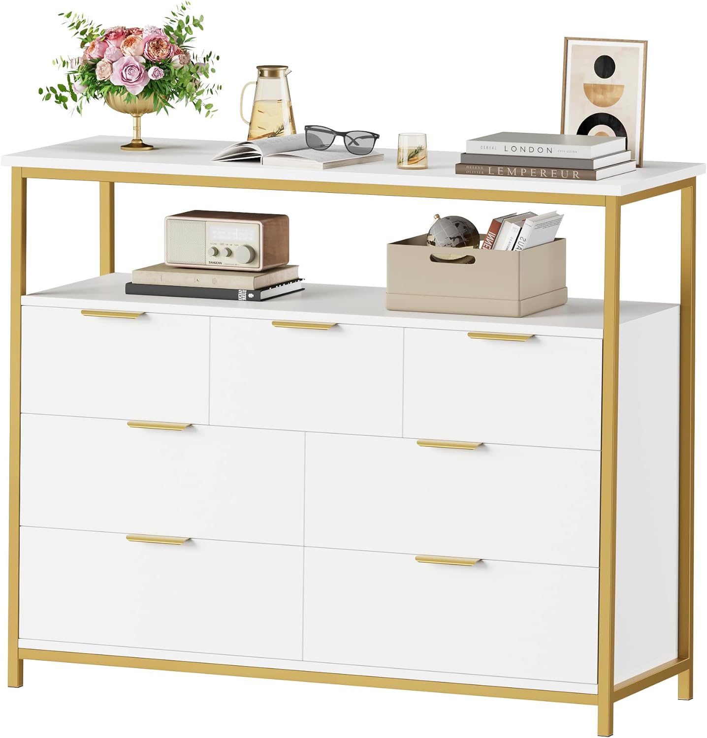 FACBOTALL Modern 7 Drawer Dresser, White Dresser with Metal Handles, Tall Chest of Drawers, Large Capacity Chest Storage Organizer for Living Room, Entryway, White.