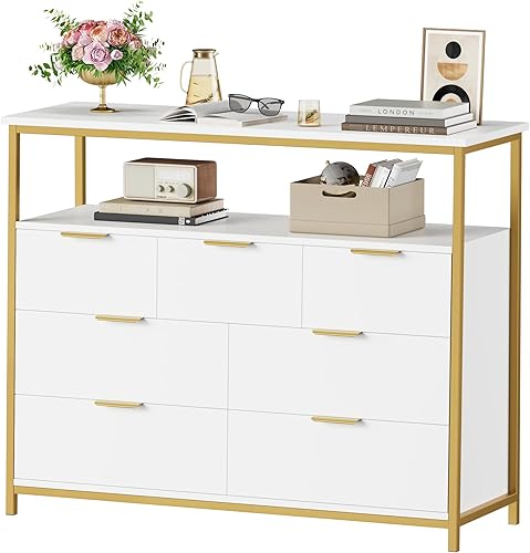 Miniatura 9 de Cómoda de 7 cajones, cómoda negra, cómoda ancha con asas de metal, organizador de almacenamiento de gran capacidad para sala de estar, entrada,