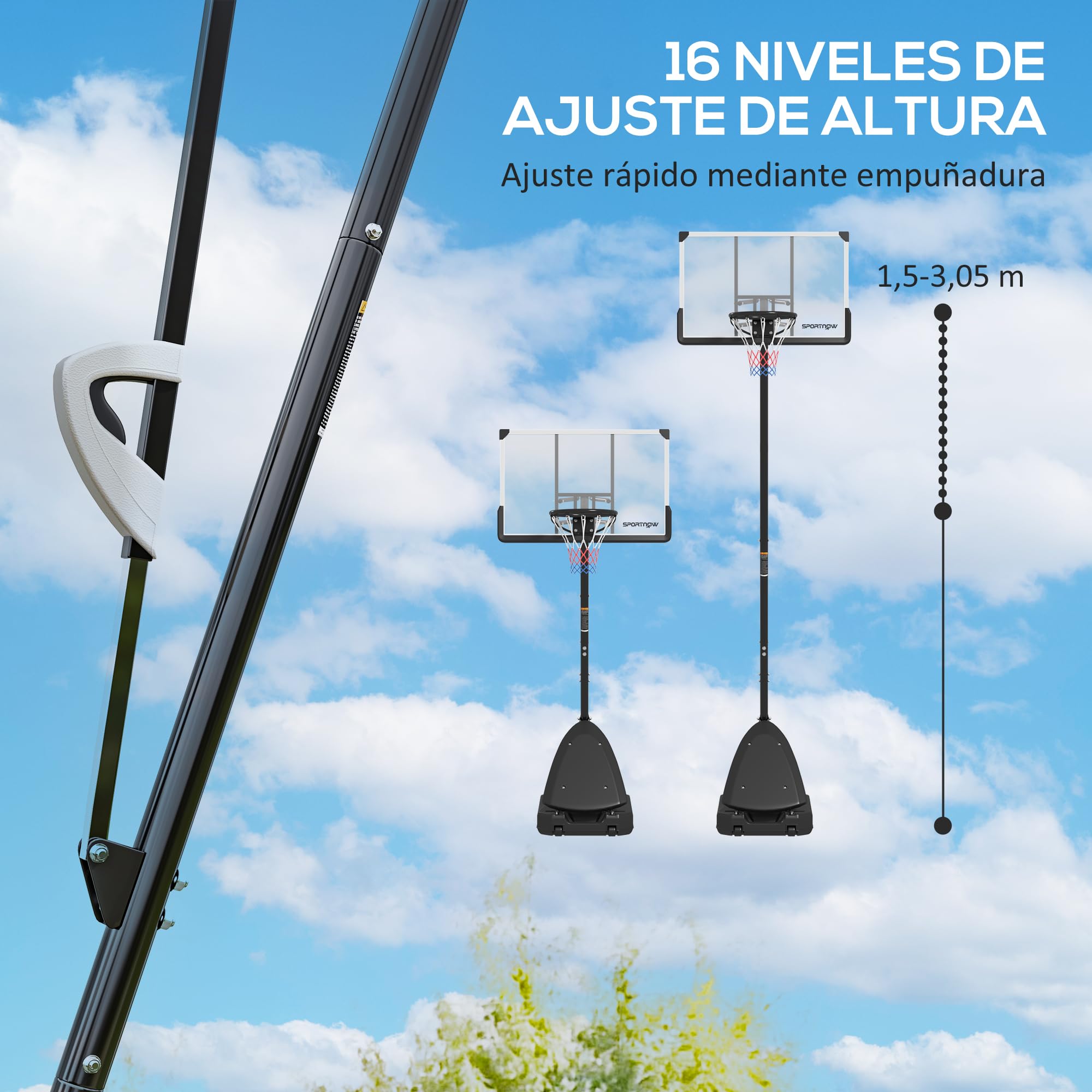 SPORTNOW Canasta de Baloncesto Exterior Altura Ajustable 16 Niveles 150-305 cm Portátil con Ruedas Base Rellenable