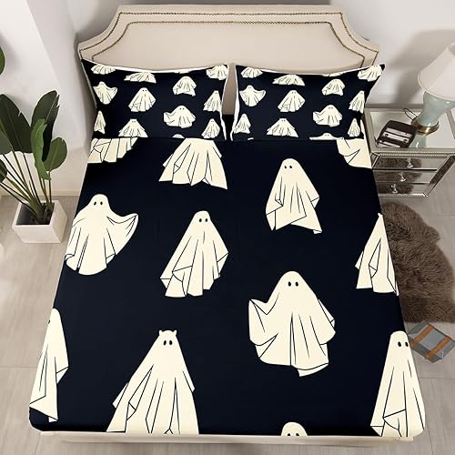 Castle Fairy Sábana bajera ajustable con estampado de fantasmas de Halloween para niños, ropa de cama de tela decorativa suave, color negro,