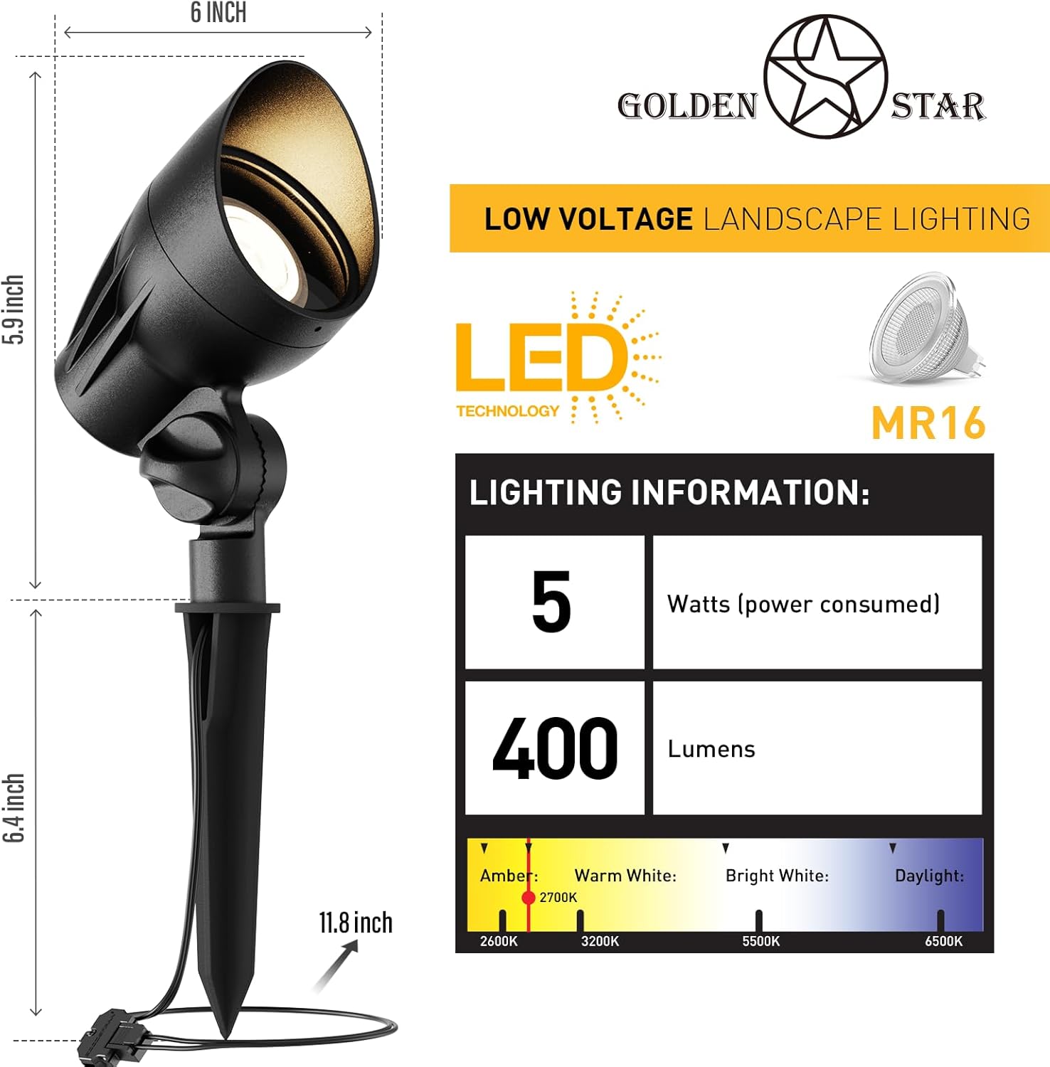 GOLDEN STAR Low Voltage Landscape Lights 5W 400 Lumen 2700K Warm White Outdoor LED Spotlights 12V Flood Lighting with Connector and Stake 8401-2650-G02