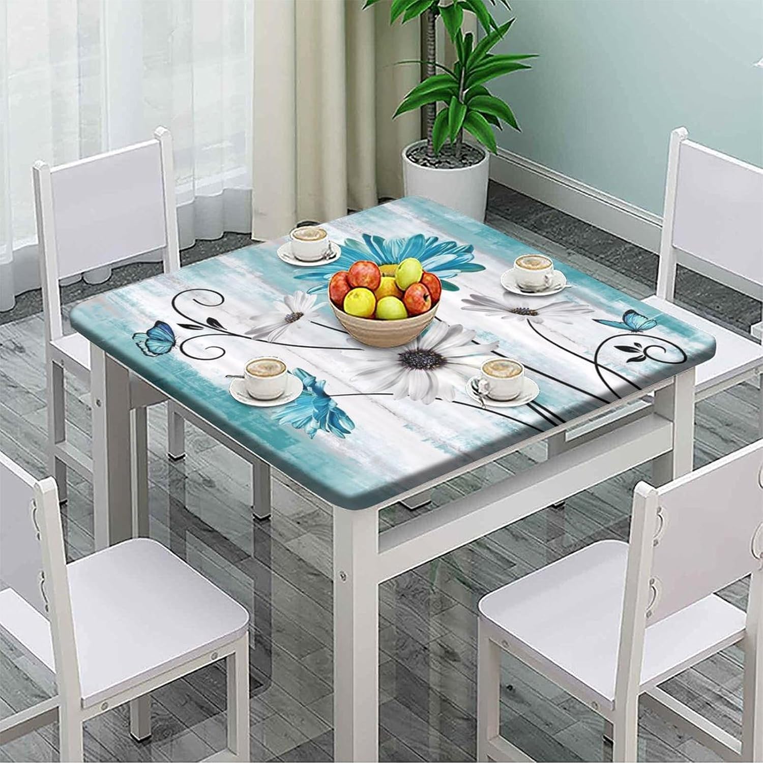 Farm Flowers Butterfly Teal Daisy Elastic Fitted Tablecloth, Wooden Board Wipeable Square Table Cover, for Outdoor Picnic Party Or Indoor Kitchen Dinner Use, Fits to 30 x 30 in Table