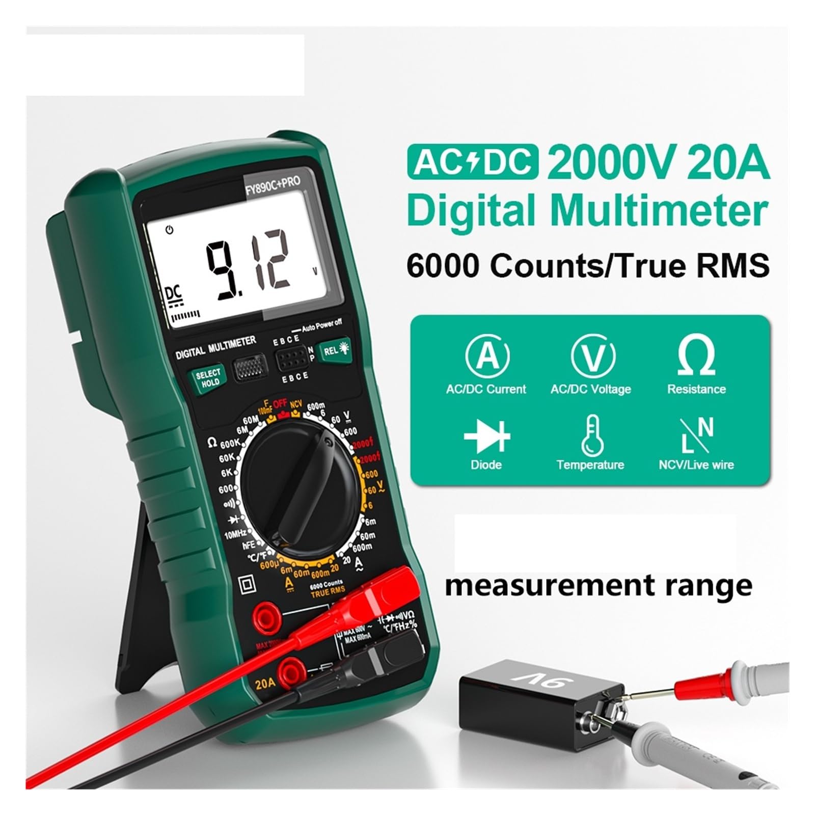 Multímetro digital 6000 cuentas AC/DC 2000V/20A Probador de temperatura real for electricista minería fotovoltaica