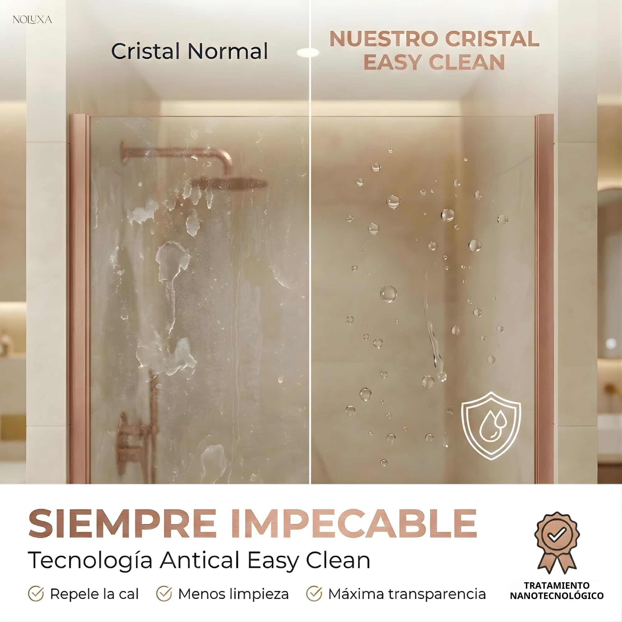IMEX - Mampara Ducha Fija Oro Rosa 90cm Frontal con Brazo de Sujeción | Mampara de Cristal Antical y Perfilería de Aluminio con 195cm de Altura | Vidrio con Grosor 6mm y Sistema de Montaje Fácil