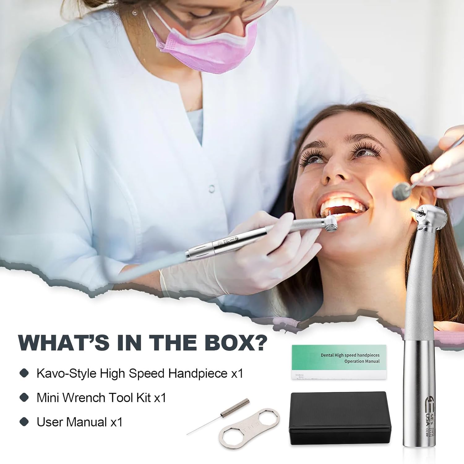 4E 4E's USA High Speed Dental Handpiece 510(K) Approved, Compatible with Kavo-Style Coupler: Air-Powered LED Light | Coppery Shell | Ceramic Bearing | 3-Points Water Spray | Std.Head ø12.6mm x H14.6mm
