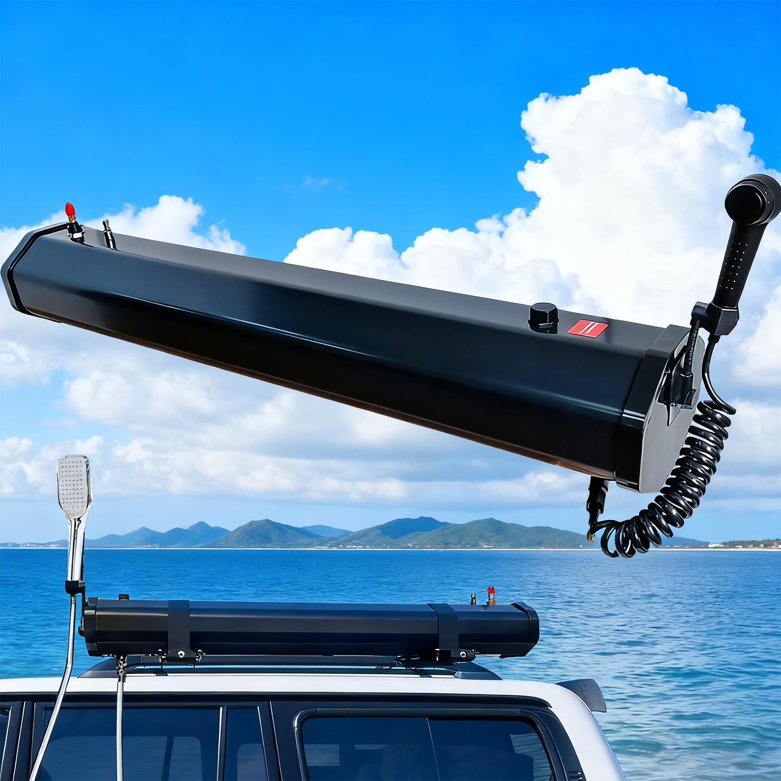 Doccia Portatile per Tetto con Serbatoio d'Acqua Pressurizzato, Doccetta e Tubo Regolabili per Campeggio Fuoristrada, SUV, Camion, Camper e Avventure all'Aperto