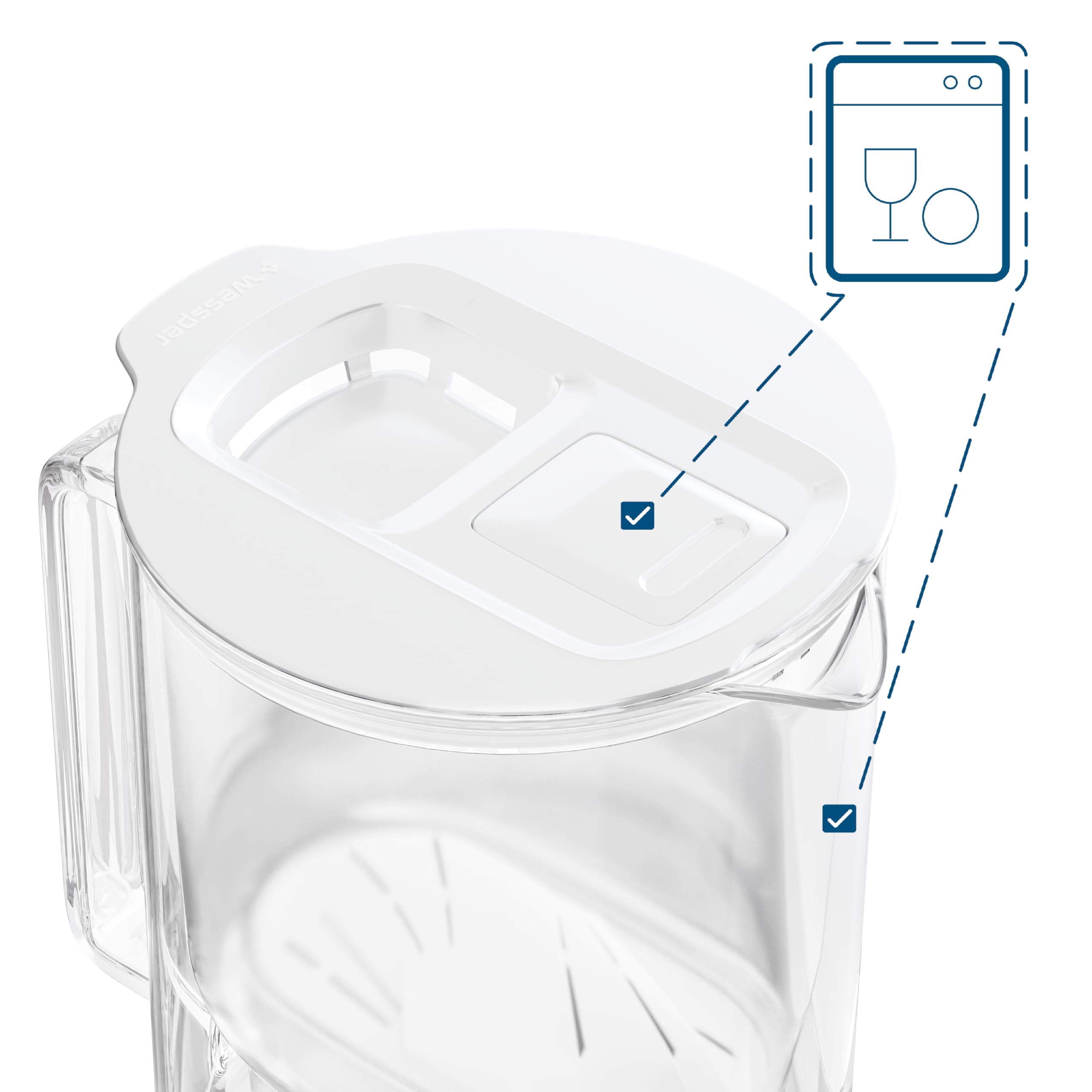 Wessper Carafe filtrante en verre 2L, sans BPA Carafe à eau avec compteur de filtre intelligent, Pichet avec cartouche filtrante au charbon actif et anti-calcaire - Blanc